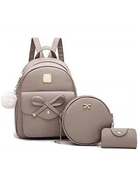 3-Piece Bow Backpack Set for Women | Cute Leather School Backpack, Crossbody Bag